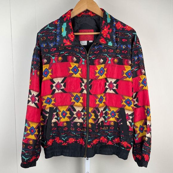 Vintage East West Silks Aztec Print Silk Bomber Jacket Womens Medium - Picture 1 of 7